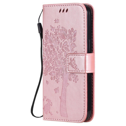 Tree & Cat Pattern Pressed Printing Horizontal Flip PU Leather Case with Holder & Card Slots & Wallet & Lanyard For iPhone 13 Pro(Rose Gold)-garmade.com