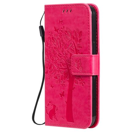 Tree & Cat Pattern Pressed Printing Horizontal Flip PU Leather Case with Holder & Card Slots & Wallet & Lanyard For iPhone 13 Pro(Rose Red)-garmade.com