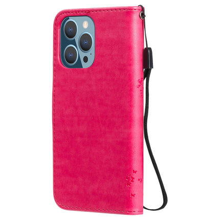Tree & Cat Pattern Pressed Printing Horizontal Flip PU Leather Case with Holder & Card Slots & Wallet & Lanyard For iPhone 13 Pro(Rose Red)-garmade.com