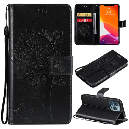 Tree & Cat Pattern Pressed Printing Horizontal Flip PU Leather Case with Holder & Card Slots & Wallet & Lanyard For iPhone 13 Pro(Black)-garmade.com