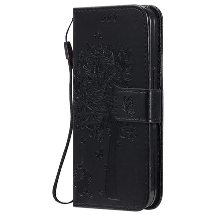 Tree & Cat Pattern Pressed Printing Horizontal Flip PU Leather Case with Holder & Card Slots & Wallet & Lanyard For iPhone 13 Pro(Black)-garmade.com