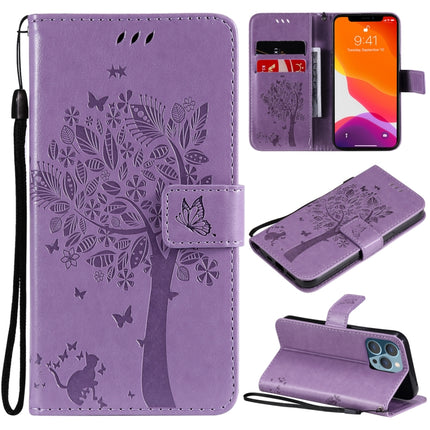 Tree & Cat Pattern Pressed Printing Horizontal Flip PU Leather Case with Holder & Card Slots & Wallet & Lanyard For iPhone 13 Pro(Light Purple)-garmade.com