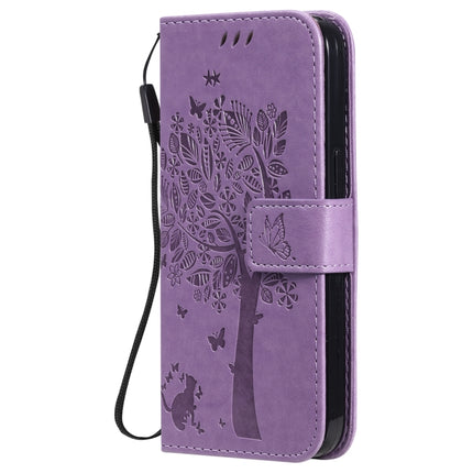 Tree & Cat Pattern Pressed Printing Horizontal Flip PU Leather Case with Holder & Card Slots & Wallet & Lanyard For iPhone 13 Pro(Light Purple)-garmade.com