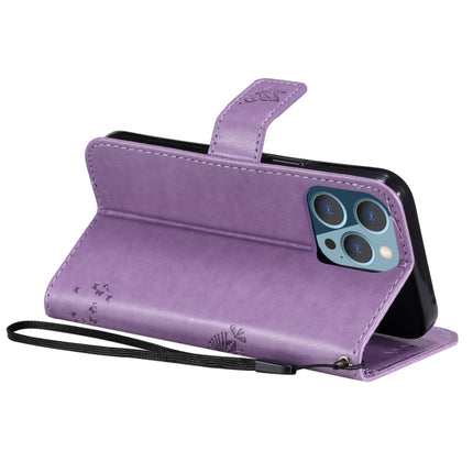 Tree & Cat Pattern Pressed Printing Horizontal Flip PU Leather Case with Holder & Card Slots & Wallet & Lanyard For iPhone 13 Pro(Light Purple)-garmade.com