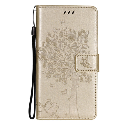 Tree & Cat Pattern Pressed Printing Horizontal Flip PU Leather Case with Holder & Card Slots & Wallet & Lanyard For iPhone 13 Pro(Gold)-garmade.com