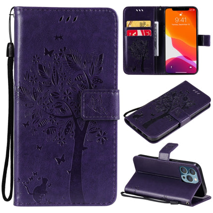 Tree & Cat Pattern Pressed Printing Horizontal Flip PU Leather Case with Holder & Card Slots & Wallet & Lanyard For iPhone 13 Pro(Purple)-garmade.com
