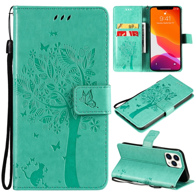 Tree & Cat Pattern Pressed Printing Horizontal Flip PU Leather Case with Holder & Card Slots & Wallet & Lanyard For iPhone 13 Pro Max(Green)-garmade.com