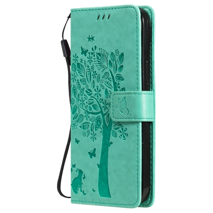 Tree & Cat Pattern Pressed Printing Horizontal Flip PU Leather Case with Holder & Card Slots & Wallet & Lanyard For iPhone 13 Pro Max(Green)-garmade.com
