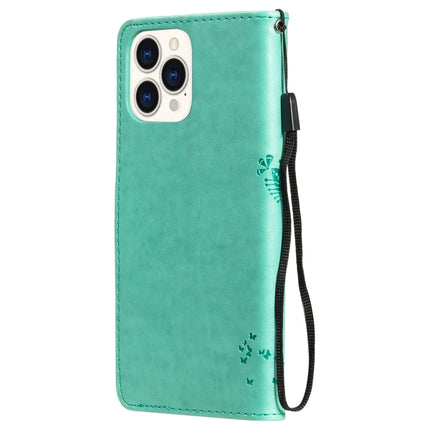 Tree & Cat Pattern Pressed Printing Horizontal Flip PU Leather Case with Holder & Card Slots & Wallet & Lanyard For iPhone 13 Pro Max(Green)-garmade.com