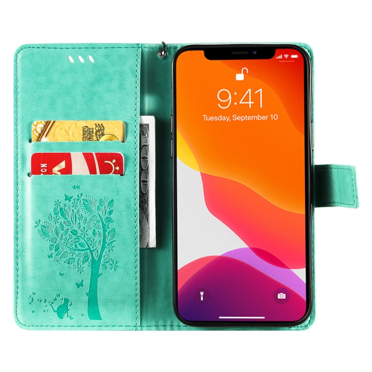 Tree & Cat Pattern Pressed Printing Horizontal Flip PU Leather Case with Holder & Card Slots & Wallet & Lanyard For iPhone 13 Pro Max(Green)-garmade.com