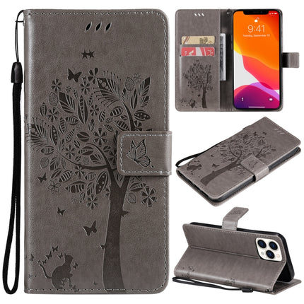 Tree & Cat Pattern Pressed Printing Horizontal Flip PU Leather Case with Holder & Card Slots & Wallet & Lanyard For iPhone 13 Pro Max(Grey)-garmade.com