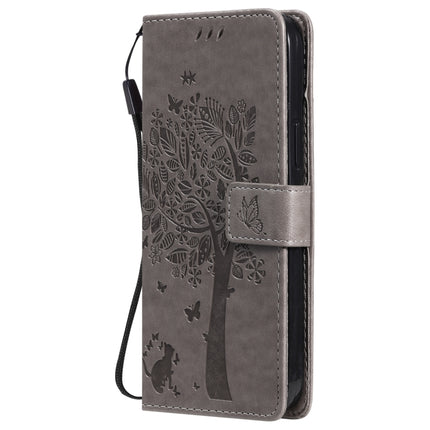Tree & Cat Pattern Pressed Printing Horizontal Flip PU Leather Case with Holder & Card Slots & Wallet & Lanyard For iPhone 13 Pro Max(Grey)-garmade.com
