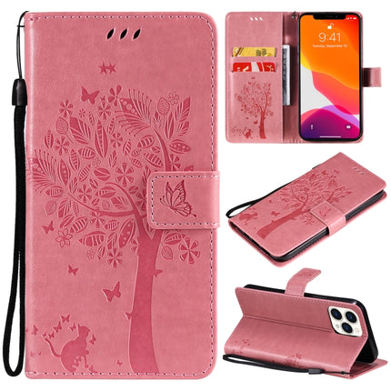 Tree & Cat Pattern Pressed Printing Horizontal Flip PU Leather Case with Holder & Card Slots & Wallet & Lanyard For iPhone 13 Pro Max(Pink)-garmade.com