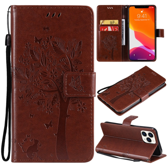 Tree & Cat Pattern Pressed Printing Horizontal Flip PU Leather Case with Holder & Card Slots & Wallet & Lanyard For iPhone 13 Pro Max(Brown)-garmade.com