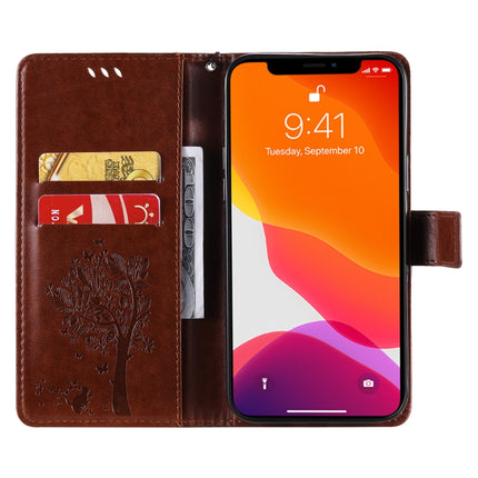 Tree & Cat Pattern Pressed Printing Horizontal Flip PU Leather Case with Holder & Card Slots & Wallet & Lanyard For iPhone 13 Pro Max(Brown)-garmade.com