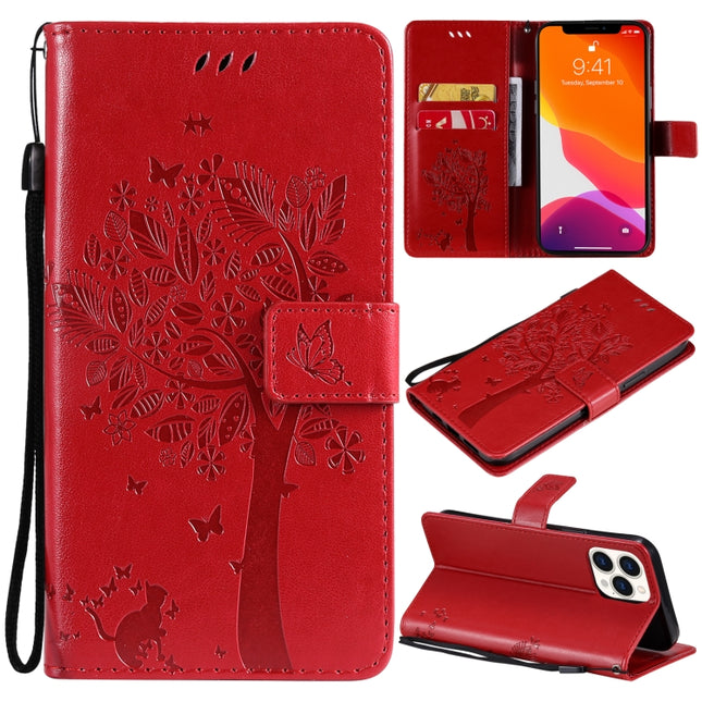 Tree & Cat Pattern Pressed Printing Horizontal Flip PU Leather Case with Holder & Card Slots & Wallet & Lanyard For iPhone 13 Pro Max(Red)-garmade.com