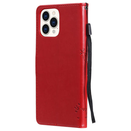 Tree & Cat Pattern Pressed Printing Horizontal Flip PU Leather Case with Holder & Card Slots & Wallet & Lanyard For iPhone 13 Pro Max(Red)-garmade.com