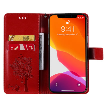 Tree & Cat Pattern Pressed Printing Horizontal Flip PU Leather Case with Holder & Card Slots & Wallet & Lanyard For iPhone 13 Pro Max(Red)-garmade.com