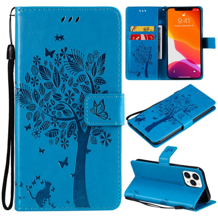 Tree & Cat Pattern Pressed Printing Horizontal Flip PU Leather Case with Holder & Card Slots & Wallet & Lanyard For iPhone 13 Pro Max(Blue)-garmade.com