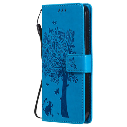 Tree & Cat Pattern Pressed Printing Horizontal Flip PU Leather Case with Holder & Card Slots & Wallet & Lanyard For iPhone 13 Pro Max(Blue)-garmade.com