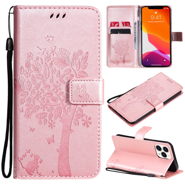 Tree & Cat Pattern Pressed Printing Horizontal Flip PU Leather Case with Holder & Card Slots & Wallet & Lanyard For iPhone 13 Pro Max(Rose Gold)-garmade.com