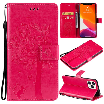 Tree & Cat Pattern Pressed Printing Horizontal Flip PU Leather Case with Holder & Card Slots & Wallet & Lanyard For iPhone 13 Pro Max(Rose Red)-garmade.com