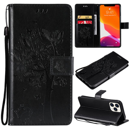 Tree & Cat Pattern Pressed Printing Horizontal Flip PU Leather Case with Holder & Card Slots & Wallet & Lanyard For iPhone 13 Pro Max(Black)-garmade.com