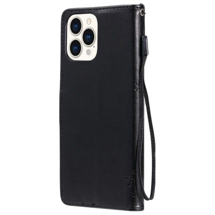 Tree & Cat Pattern Pressed Printing Horizontal Flip PU Leather Case with Holder & Card Slots & Wallet & Lanyard For iPhone 13 Pro Max(Black)-garmade.com