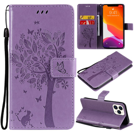 Tree & Cat Pattern Pressed Printing Horizontal Flip PU Leather Case with Holder & Card Slots & Wallet & Lanyard For iPhone 13 Pro Max(Light Purple)-garmade.com