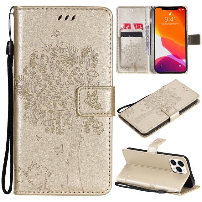 Tree & Cat Pattern Pressed Printing Horizontal Flip PU Leather Case with Holder & Card Slots & Wallet & Lanyard For iPhone 13 Pro Max(Gold)-garmade.com
