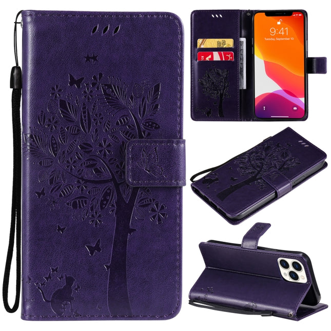Tree & Cat Pattern Pressed Printing Horizontal Flip PU Leather Case with Holder & Card Slots & Wallet & Lanyard For iPhone 13 Pro Max(Purple)-garmade.com