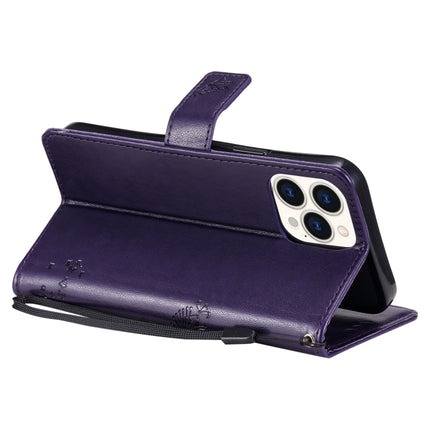 Tree & Cat Pattern Pressed Printing Horizontal Flip PU Leather Case with Holder & Card Slots & Wallet & Lanyard For iPhone 13 Pro Max(Purple)-garmade.com