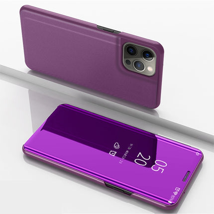 Plated Mirror Horizontal Flip Leather Case with Holder For iPhone 13 Pro(Purple)-garmade.com