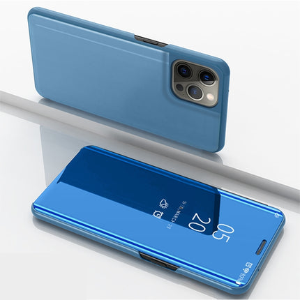 Plated Mirror Horizontal Flip Leather Case with Holder For iPhone 13 Pro(Blue)-garmade.com