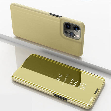 Plated Mirror Horizontal Flip Leather Case with Holder For iPhone 13 Pro(Gold)-garmade.com
