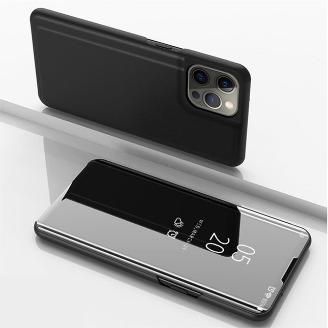 Plated Mirror Horizontal Flip Leather Case with Holder For iPhone 13 Pro Max(Black)-garmade.com