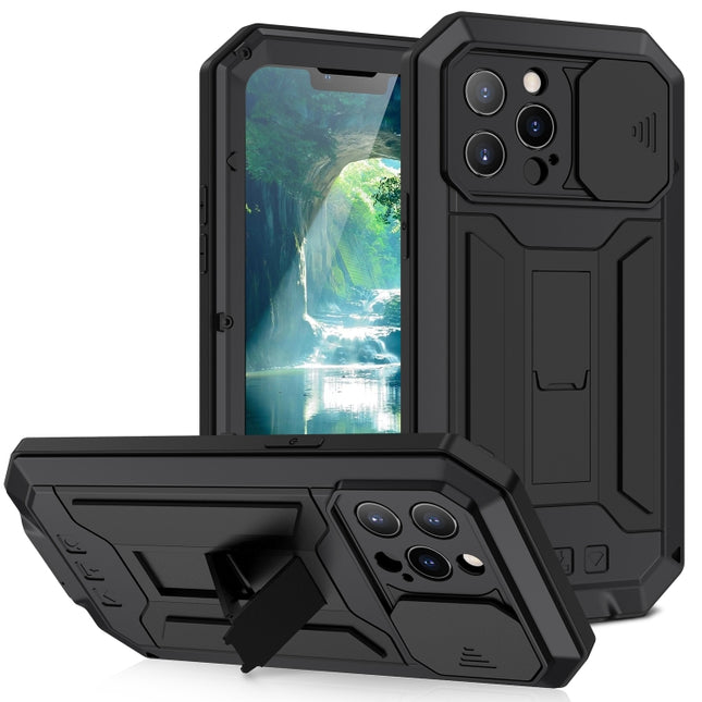 R-JUST Sliding Camera Shockproof Waterproof Dust-proof Metal + Silicone Protective Case with Holder For iPhone 13 Pro Max(Black)-garmade.com