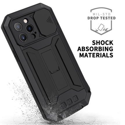 R-JUST Sliding Camera Shockproof Waterproof Dust-proof Metal + Silicone Protective Case with Holder For iPhone 13 Pro Max(Black)-garmade.com