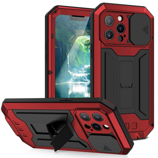 R-JUST Sliding Camera Shockproof Waterproof Dust-proof Metal + Silicone Protective Case with Holder For iPhone 13 Pro Max(Red)-garmade.com