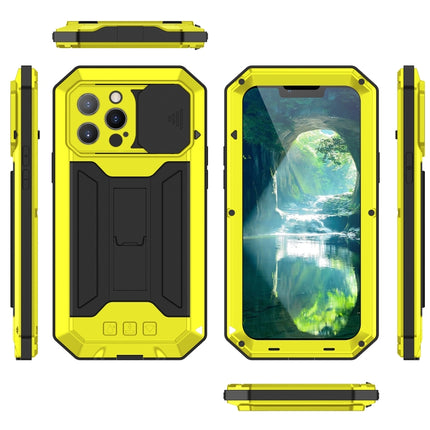 R-JUST Sliding Camera Shockproof Waterproof Dust-proof Metal + Silicone Protective Case with Holder For iPhone 13 Pro Max(Yellow)-garmade.com