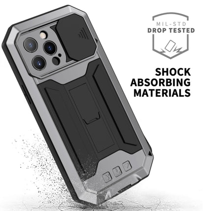 R-JUST Sliding Camera Shockproof Waterproof Dust-proof Metal + Silicone Protective Case with Holder For iPhone 13 Pro Max(Silver)-garmade.com
