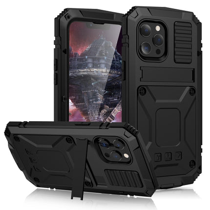 R-JUST Shockproof Waterproof Dust-proof Metal + Silicone Protective Case with Holder For iPhone 13 Pro Max(Black)-garmade.com