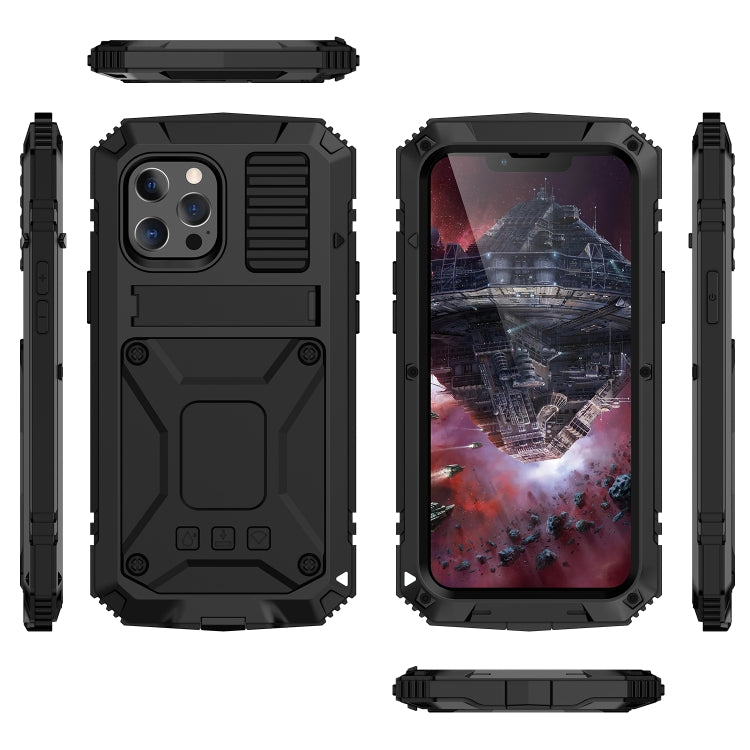 R-JUST Shockproof Waterproof Dust-proof Metal + Silicone Protective Case with Holder For iPhone 13 Pro Max(Black)-garmade.com