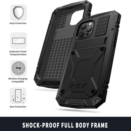 R-JUST Shockproof Waterproof Dust-proof Metal + Silicone Protective Case with Holder For iPhone 13 Pro Max(Black)-garmade.com