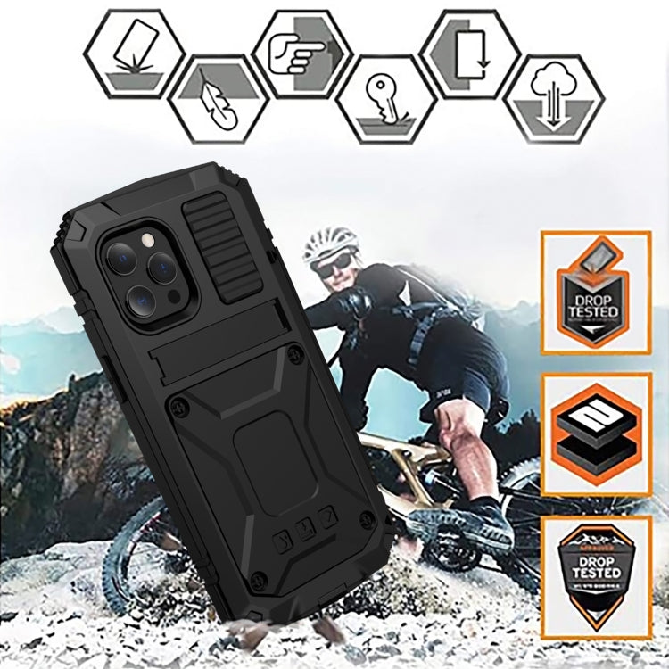R-JUST Shockproof Waterproof Dust-proof Metal + Silicone Protective Case with Holder For iPhone 13 Pro Max(Black)-garmade.com