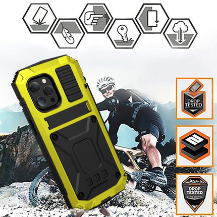 R-JUST Shockproof Waterproof Dust-proof Metal + Silicone Protective Case with Holder For iPhone 13 Pro Max(Yellow)-garmade.com