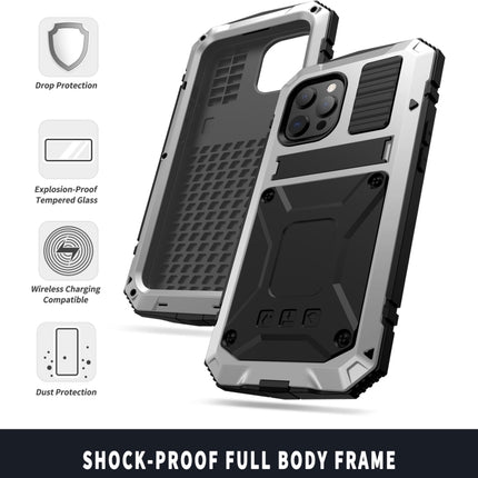 R-JUST Shockproof Waterproof Dust-proof Metal + Silicone Protective Case with Holder For iPhone 13 Pro Max(Silver)-garmade.com