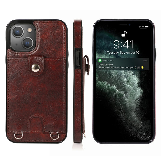 Shockproof PU Leather + TPU Protective Case with Card Slot & Lanyard For iPhone 13(Brown)-garmade.com