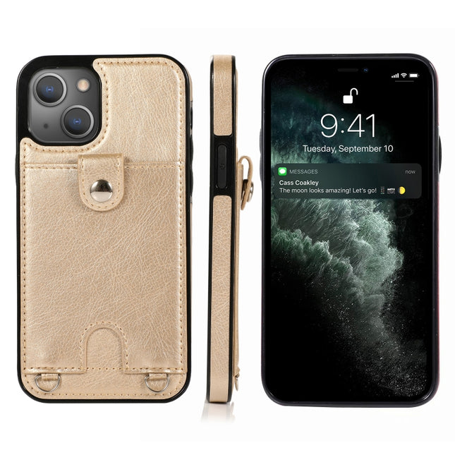 Shockproof PU Leather + TPU Protective Case with Card Slot & Lanyard For iPhone 13 Pro Max(Gold)-garmade.com