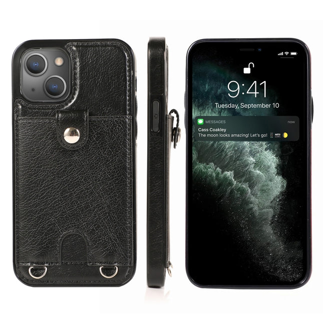 Shockproof PU Leather + TPU Protective Case with Card Slot & Lanyard For iPhone 13 Pro Max(Black)-garmade.com